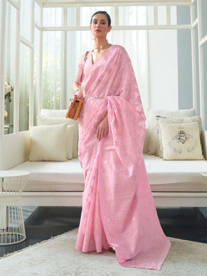 Rajwada Pink Woven Design Cotton Blend Saree With Unstitched Blouse For Women