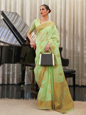 Rajwada Light Green Woven Design Linen Blend Saree With Unstitched Blouse For Women