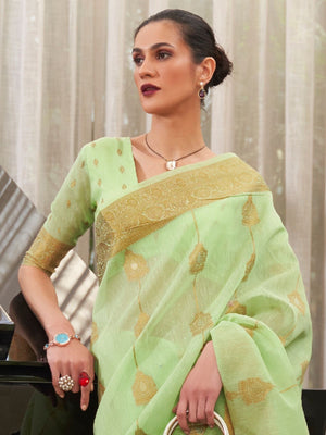 Rajwada Light Green Woven Design Linen Blend Saree With Unstitched Blouse For Women