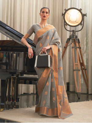 Rajwada Grey Woven Design Linen Blend Saree With Unstitched Blouse For Women
