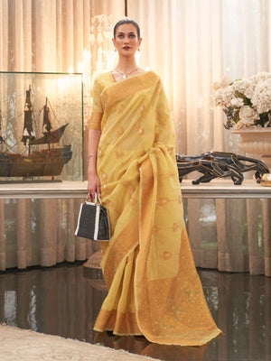 Rajwada Mustard Woven Design Linen Blend Saree With Unstitched Blouse For Women