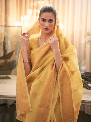 Rajwada Mustard Woven Design Linen Blend Saree With Unstitched Blouse For Women