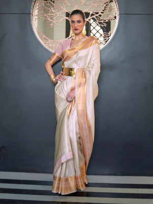 Rajwada White Woven Design Silk Blend Saree With Unstitched Blouse For Women