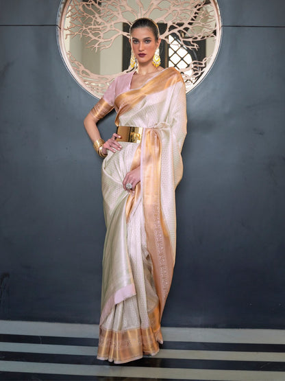 Rajwada White Woven Design Silk Blend Saree With Unstitched Blouse For Women