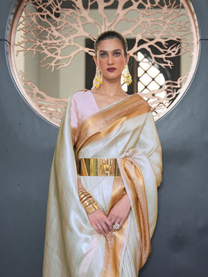 Rajwada White Woven Design Silk Blend Saree With Unstitched Blouse For Women