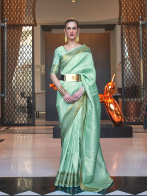 Rajwada Sea Green Woven Design Silk Blend Saree With Unstitched Blouse For Women