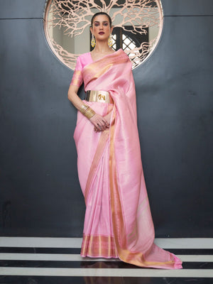 Rajwada Pink Woven Design Silk Blend Saree With Unstitched Blouse For Women