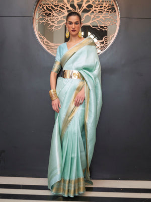 Rajwada Light Blue Woven Design Silk Blend Saree With Unstitched Blouse For Women