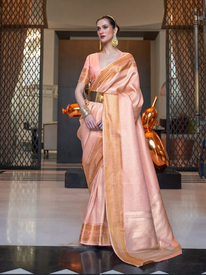 Rajwada Peach Woven Design Silk Blend Saree With Unstitched Blouse For Women
