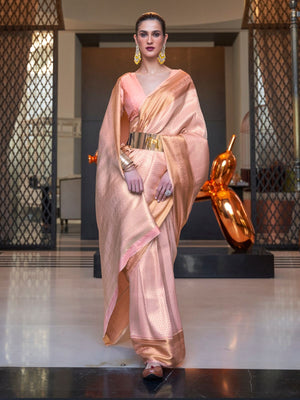Rajwada Peach Woven Design Silk Blend Saree With Unstitched Blouse For Women