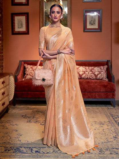 Rajwada Women Festive Orange Linen Blend Woven Saree With Unstitched Blouse