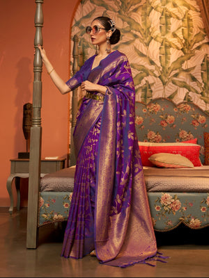 Rajwada Purple Woven Design Silk Blend Saree With Unstitched Blouse For Women