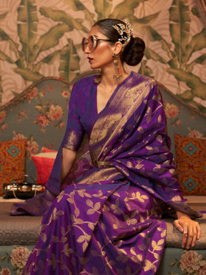 Rajwada Purple Woven Design Silk Blend Saree With Unstitched Blouse For Women