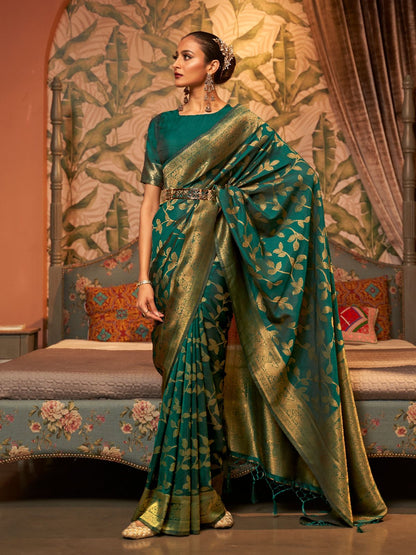 Rajwada Green Woven Design Silk Blend Saree With Unstitched Blouse For Women