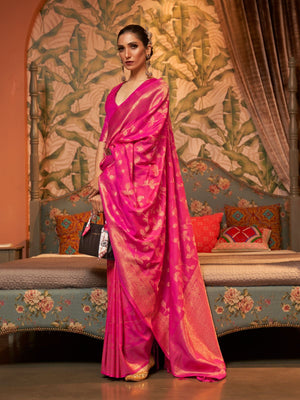 Rajwada Pink Woven Design Silk Blend Saree With Unstitched Blouse For Women