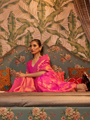 Rajwada Pink Woven Design Silk Blend Saree With Unstitched Blouse For Women