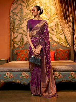 Rajwada Purple Woven Design Silk Blend Saree With Unstitched Blouse For Women