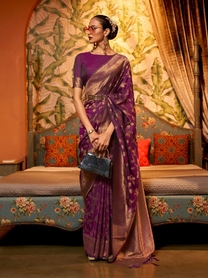 Rajwada Purple Woven Design Silk Blend Saree With Unstitched Blouse For Women