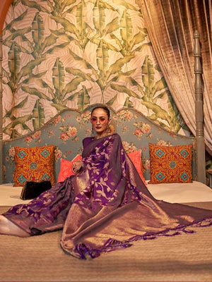 Rajwada Purple Woven Design Silk Blend Saree With Unstitched Blouse For Women