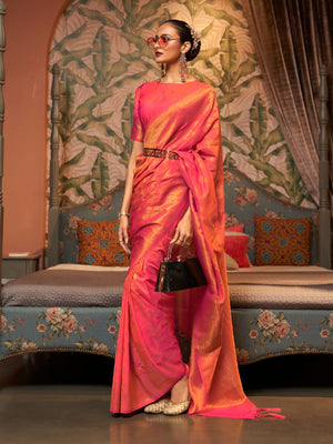 Rajwada Orange Woven Design Silk Blend Saree With Unstitched Blouse For Women