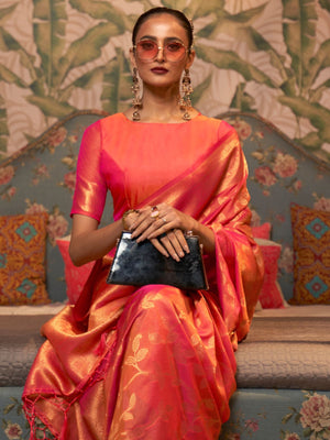 Rajwada Orange Woven Design Silk Blend Saree With Unstitched Blouse For Women