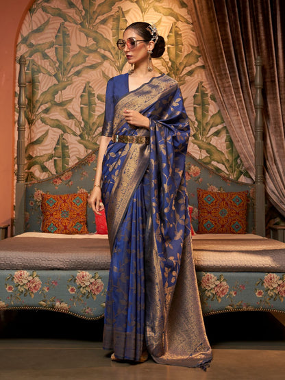 Rajwada Navy Blue Woven Design Silk Blend Saree With Unstitched Blouse For Women