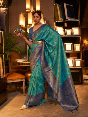 Rajwada Teal And Blue Woven Design Silk Blend Saree With Unstitched Blouse For Women