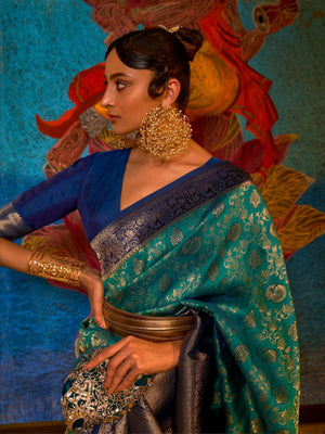 Rajwada Teal And Blue Woven Design Silk Blend Saree With Unstitched Blouse For Women