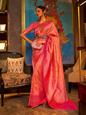 Rajwada Orange And Pink Woven Design Silk Blend Saree With Unstitched Blouse For Women