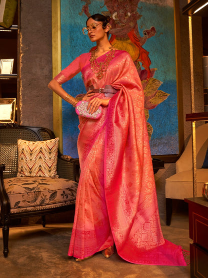 Rajwada Orange And Pink Woven Design Silk Blend Saree With Unstitched Blouse For Women