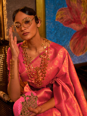 Rajwada Orange And Pink Woven Design Silk Blend Saree With Unstitched Blouse For Women