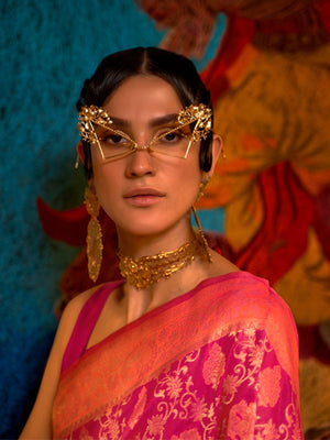 Rajwada Pink And Orange Woven Design Silk Blend Saree With Unstitched Blouse For Women