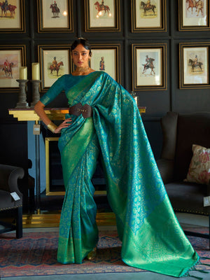 Rajwada Teal Woven Design Silk Blend Saree With Unstitched Blouse For Women