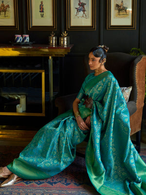 Rajwada Teal Woven Design Silk Blend Saree With Unstitched Blouse For Women