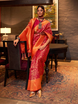 Rajwada Pink And Orange Woven Design Silk Blend Saree With Unstitched Blouse For Women