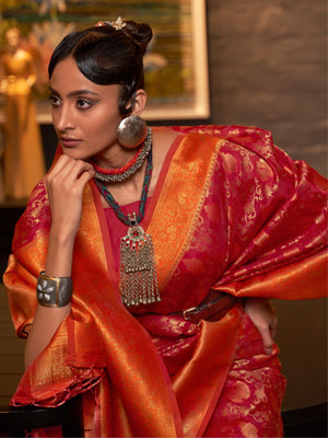 Rajwada Pink And Orange Woven Design Silk Blend Saree With Unstitched Blouse For Women
