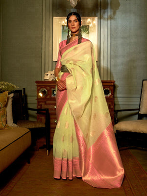 Rajwada Light Green And Pink Woven Design Linen Saree With Unstitched Blouse For Women