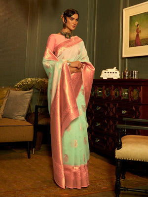 Rajwada Sea Green And Orange Woven Design Linen Saree With Unstitched Blouse For Women