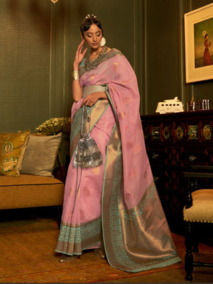 Rajwada Pink And Sea Green Woven Design Linen Saree With Unstitched Blouse For Women