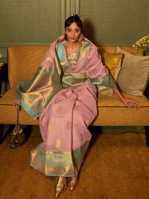 Rajwada Pink And Sea Green Woven Design Linen Saree With Unstitched Blouse For Women