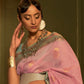 Rajwada Pink And Sea Green Woven Design Linen Saree With Unstitched Blouse For Women