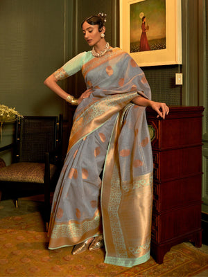 Rajwada Grey And Sea Green Woven Design Linen Saree With Unstitched Blouse For Women