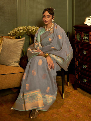 Rajwada Grey And Sea Green Woven Design Linen Saree With Unstitched Blouse For Women