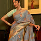 Rajwada Grey And Sea Green Woven Design Linen Saree With Unstitched Blouse For Women