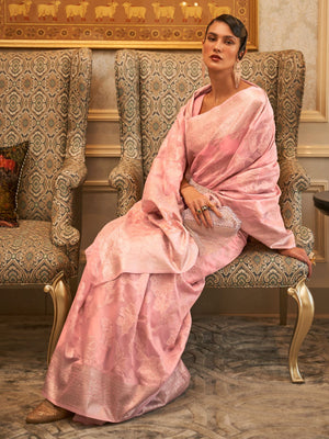 Rajwada Pink Woven Design Silk Blend Saree With Unstitched Blouse For Women