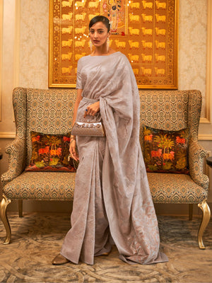 Rajwada Grey Woven Design Silk Blend Saree With Unstitched Blouse For Women