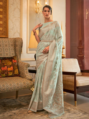 Rajwada Sea Green Woven Design Silk Blend Saree With Unstitched Blouse For Women