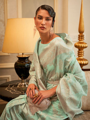 Rajwada Sea Green Woven Design Silk Blend Saree With Unstitched Blouse For Women