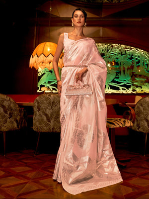 Rajwada Peach Woven Design Silk Blend Saree With Unstitched Blouse For Women