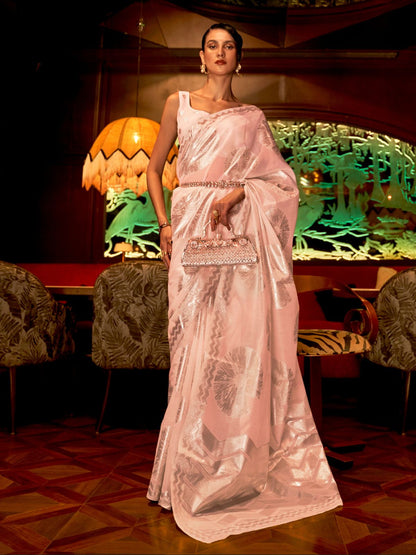 Rajwada Peach Woven Design Silk Blend Saree With Unstitched Blouse For Women